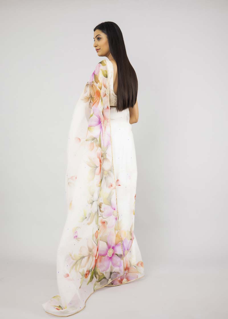 Hand-Painted Ivory Kyari Silk Organza Saree