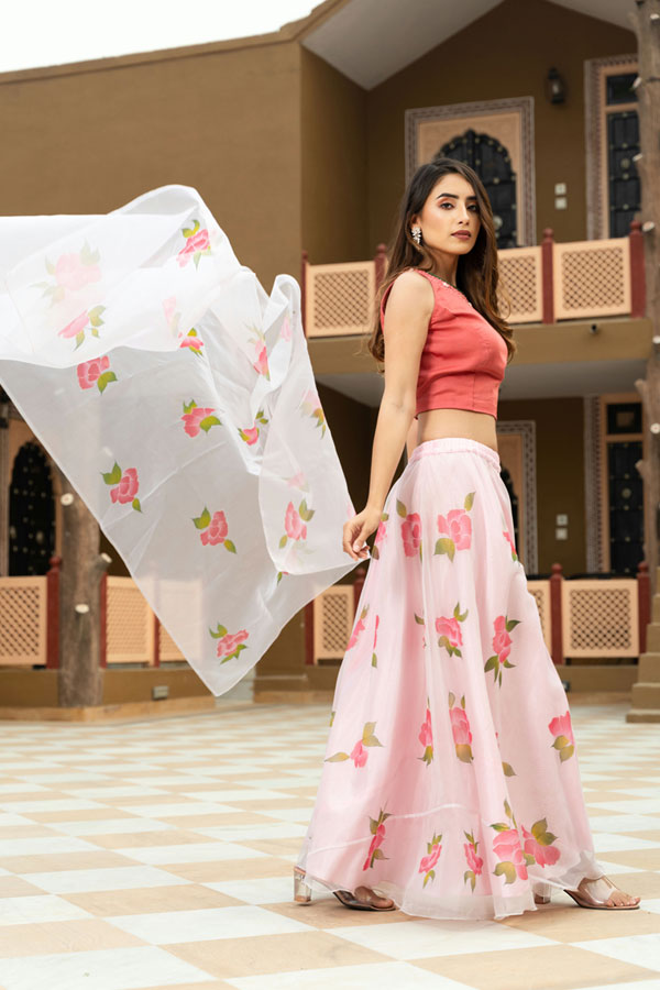 Handpainted Pink Floral SIlk Organza Lehenga