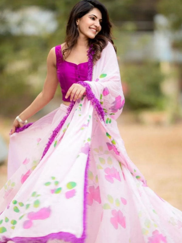 Handpainted Mauve Floral Silk Organza Lehenga