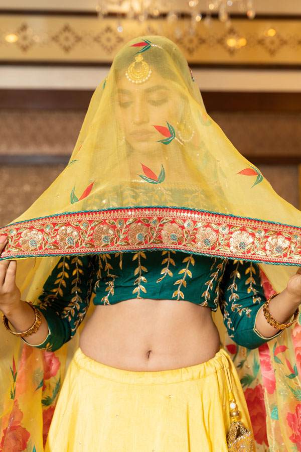 Handpainted Yellow Peony Raw Silk Lehenga