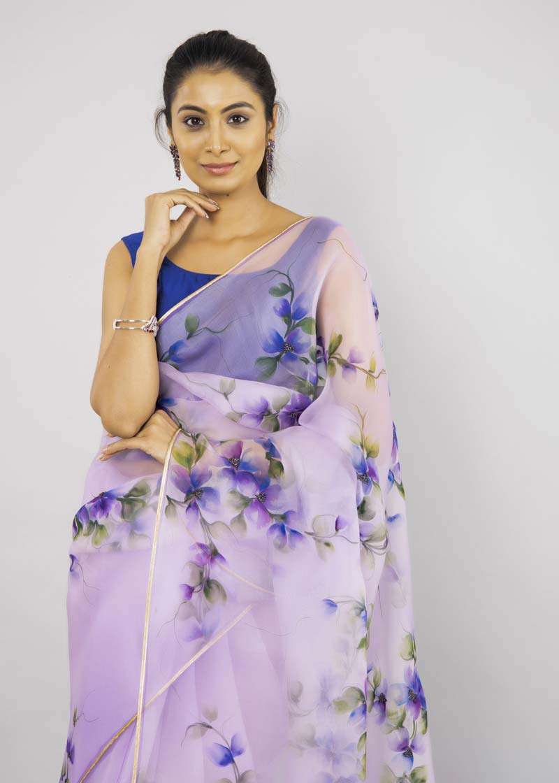 Hand-Painted Lilac Silk Organza Saree