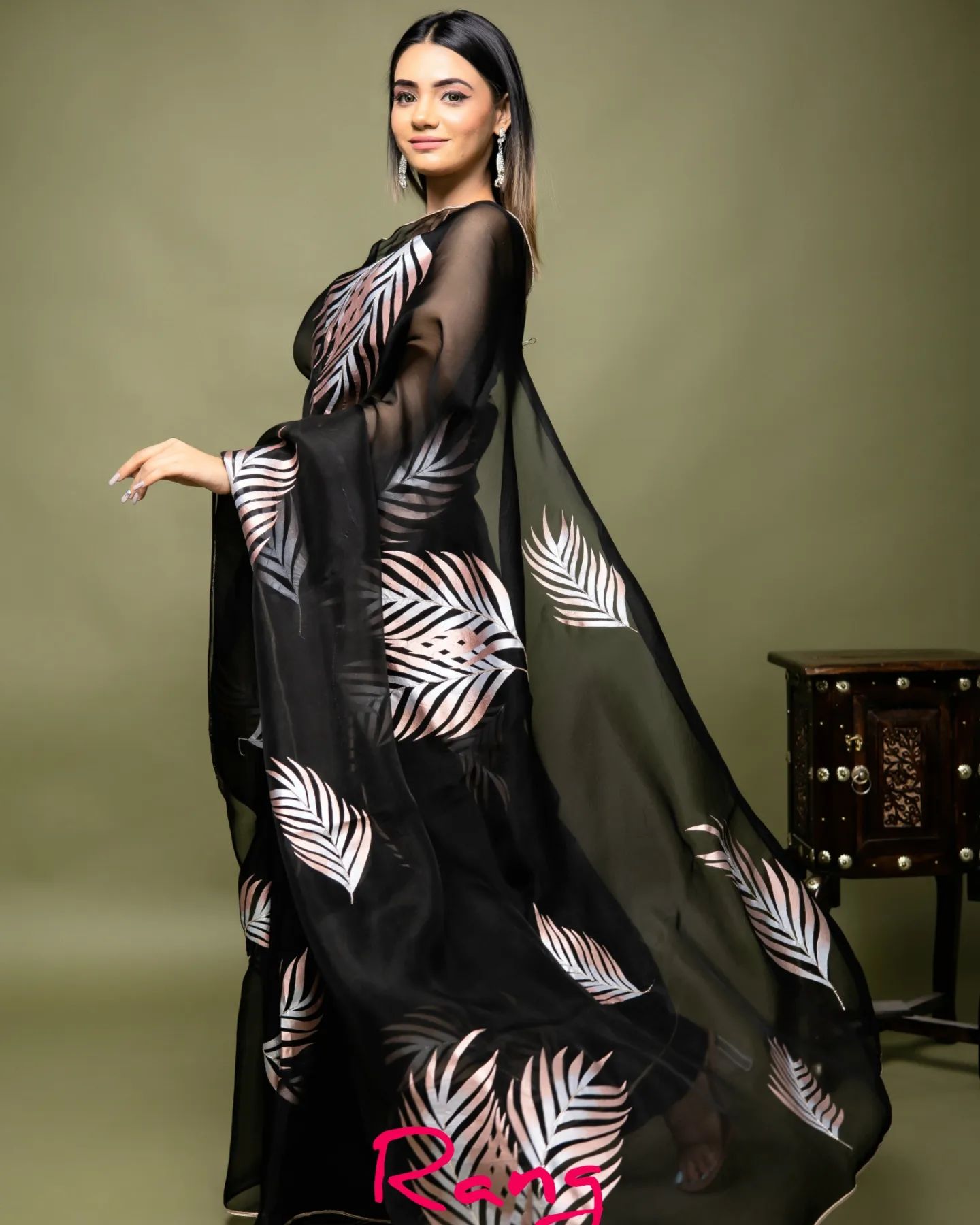 Hand-Painted Palm Leaves Silk Organza Saree
