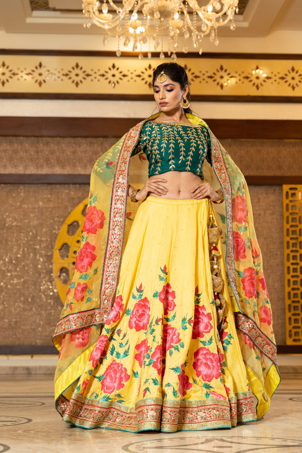Handpainted Yellow Peony Raw Silk Lehenga