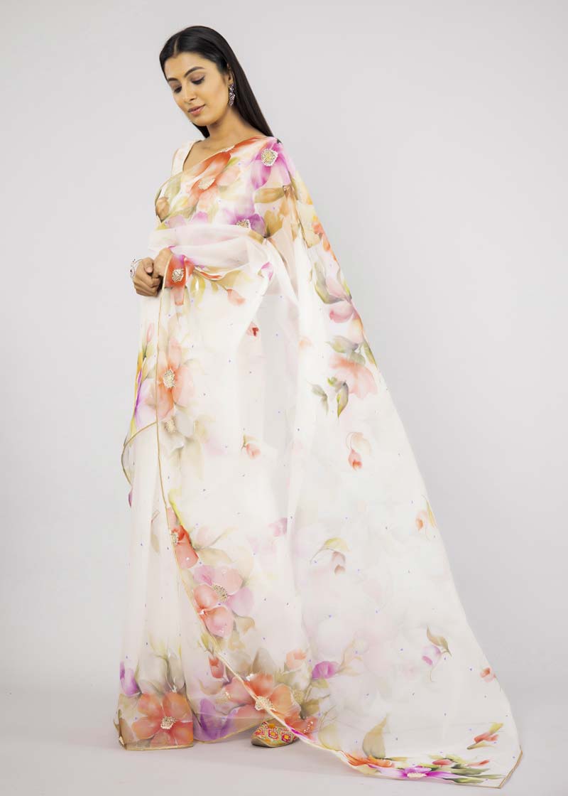 Hand-Painted Ivory Kyari Silk Organza Saree