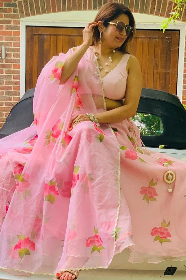 Handpainted Pink Floral SIlk Organza Lehenga