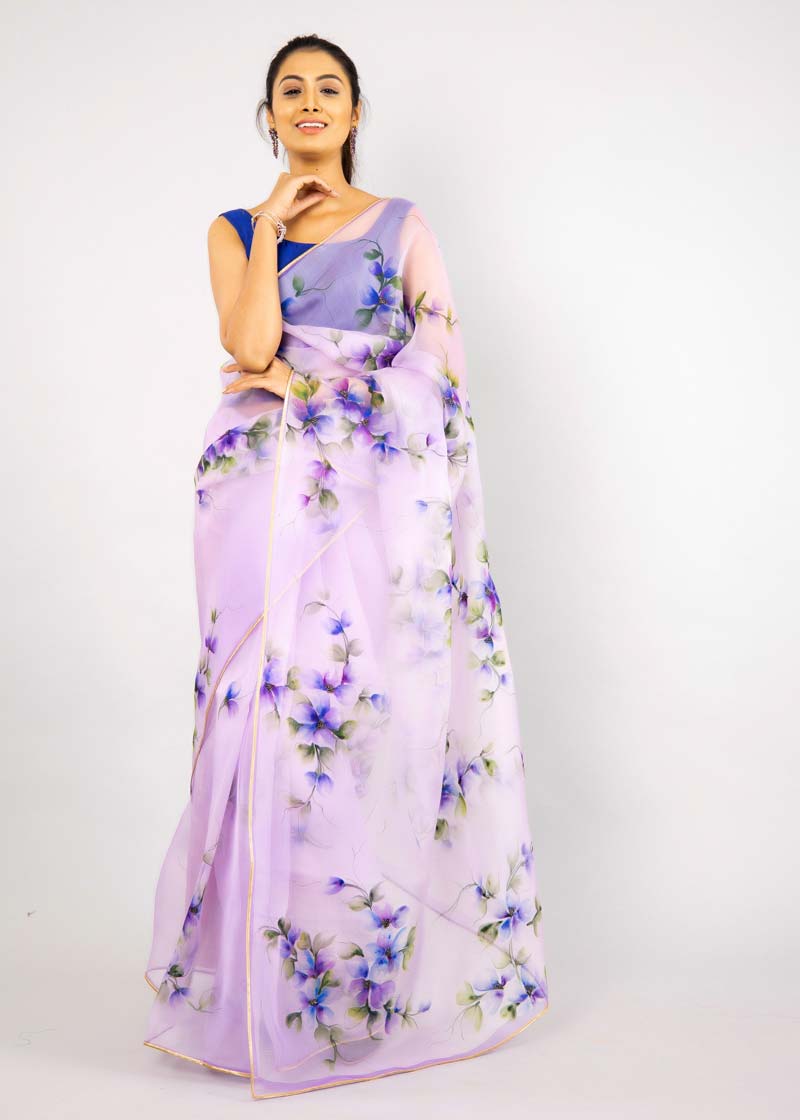 Hand-Painted Lilac Silk Organza Saree