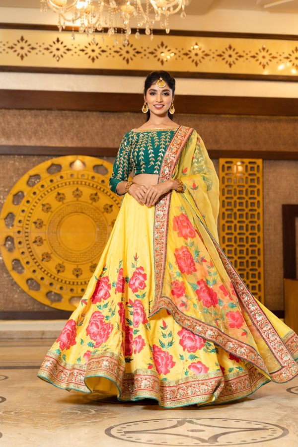 Handpainted Yellow Peony Raw Silk Lehenga