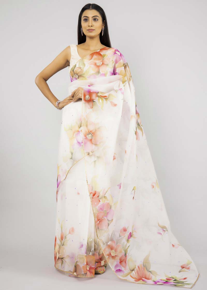 Hand-Painted Ivory Kyari Silk Organza Saree