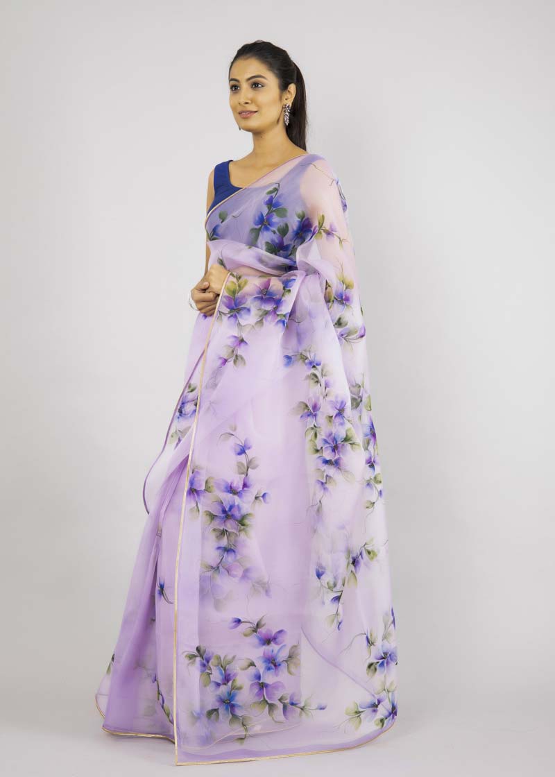 Hand-Painted Lilac Silk Organza Saree