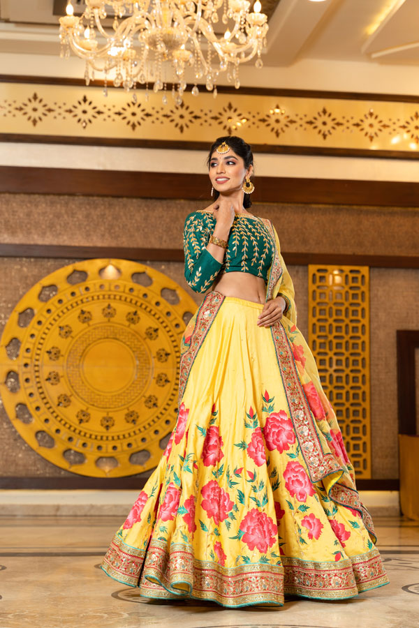 Handpainted Yellow Peony Raw Silk Lehenga