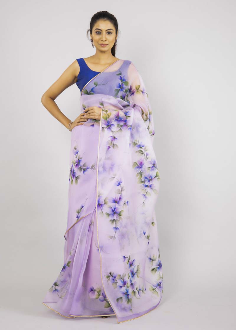 Hand-Painted Lilac Silk Organza Saree