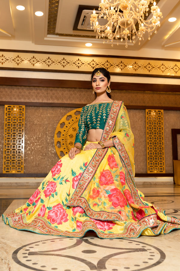Handpainted Yellow Peony Raw Silk Lehenga