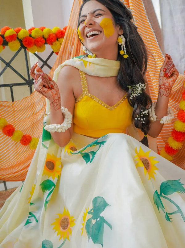 Handpainted Ivory Sunflower Silk Organza Lehenga