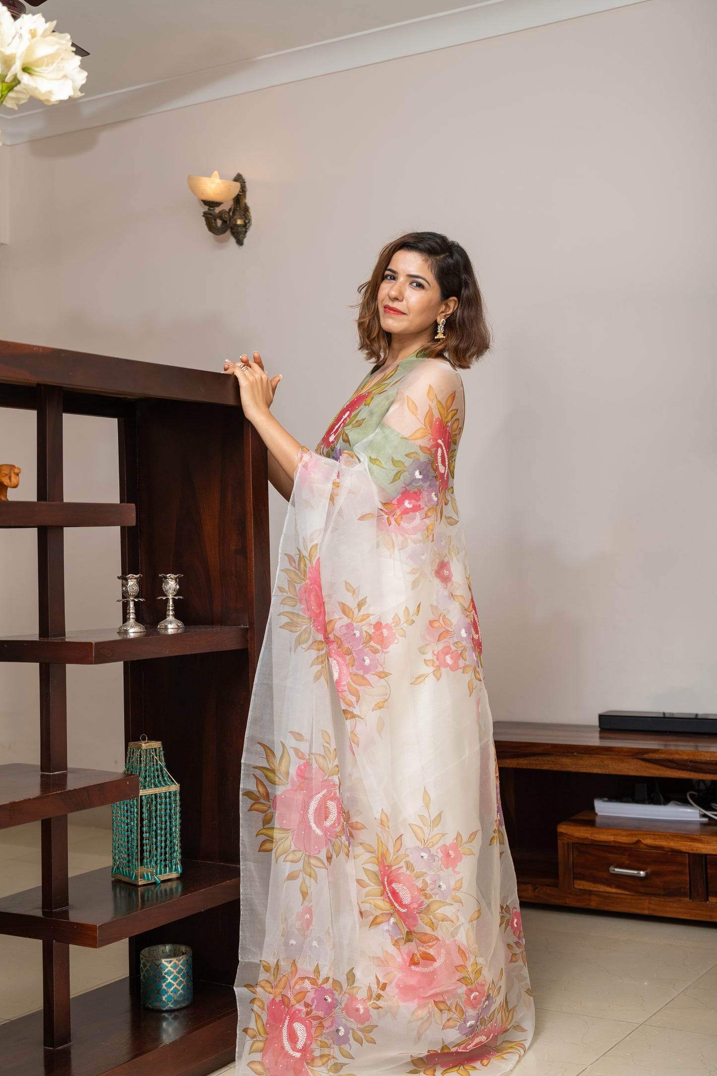 Hand-Painted White Silk Organza Saree