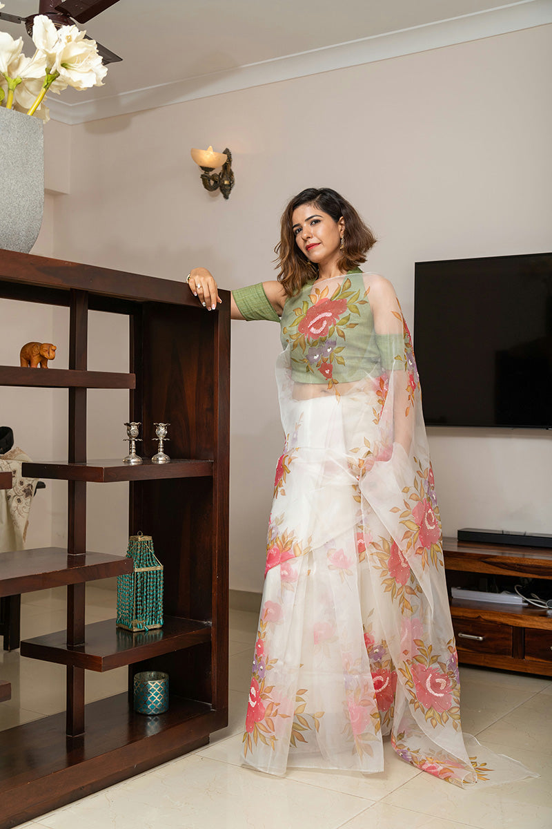 Hand-Painted White Silk Organza Saree