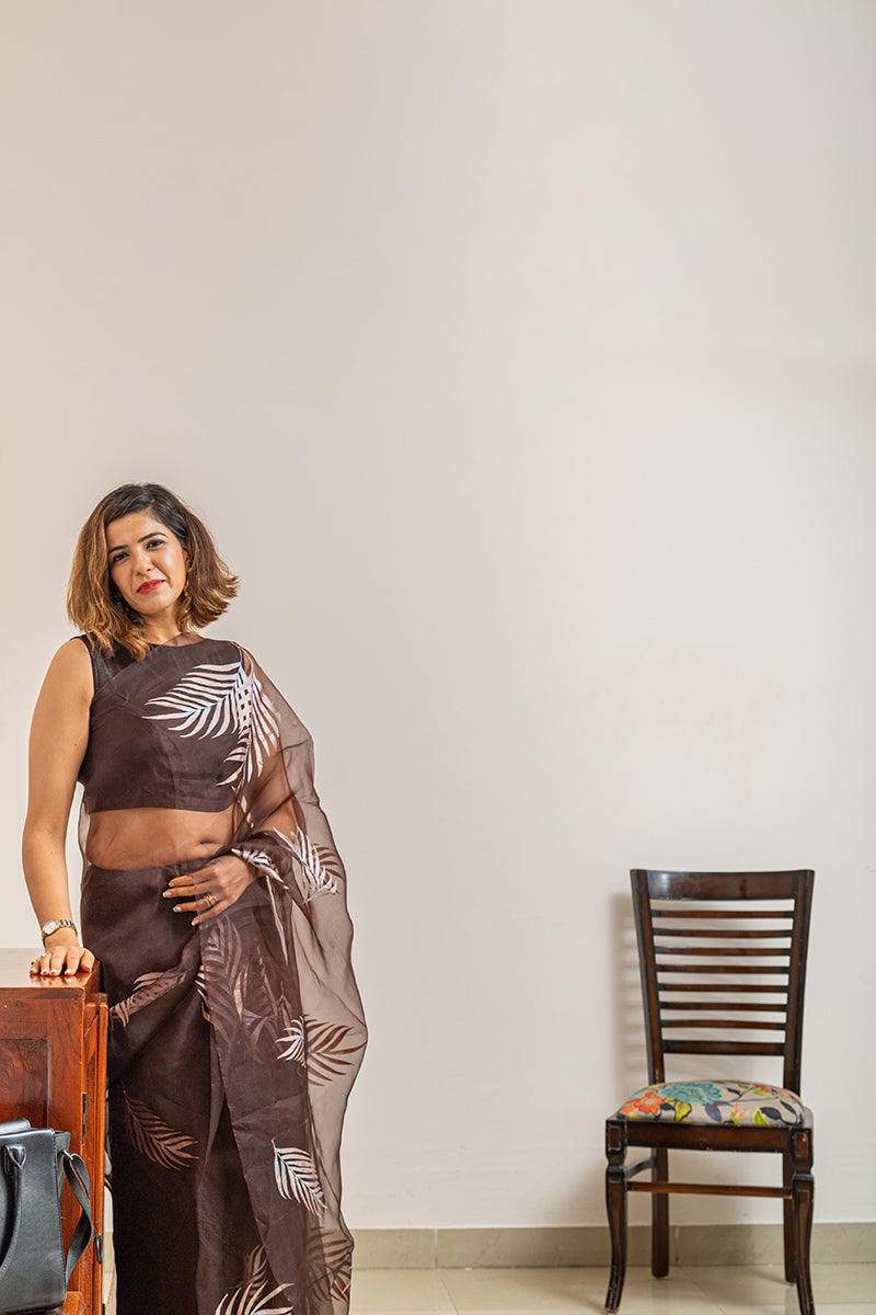 Hand-Painted Palm Leaves Silk Organza Saree