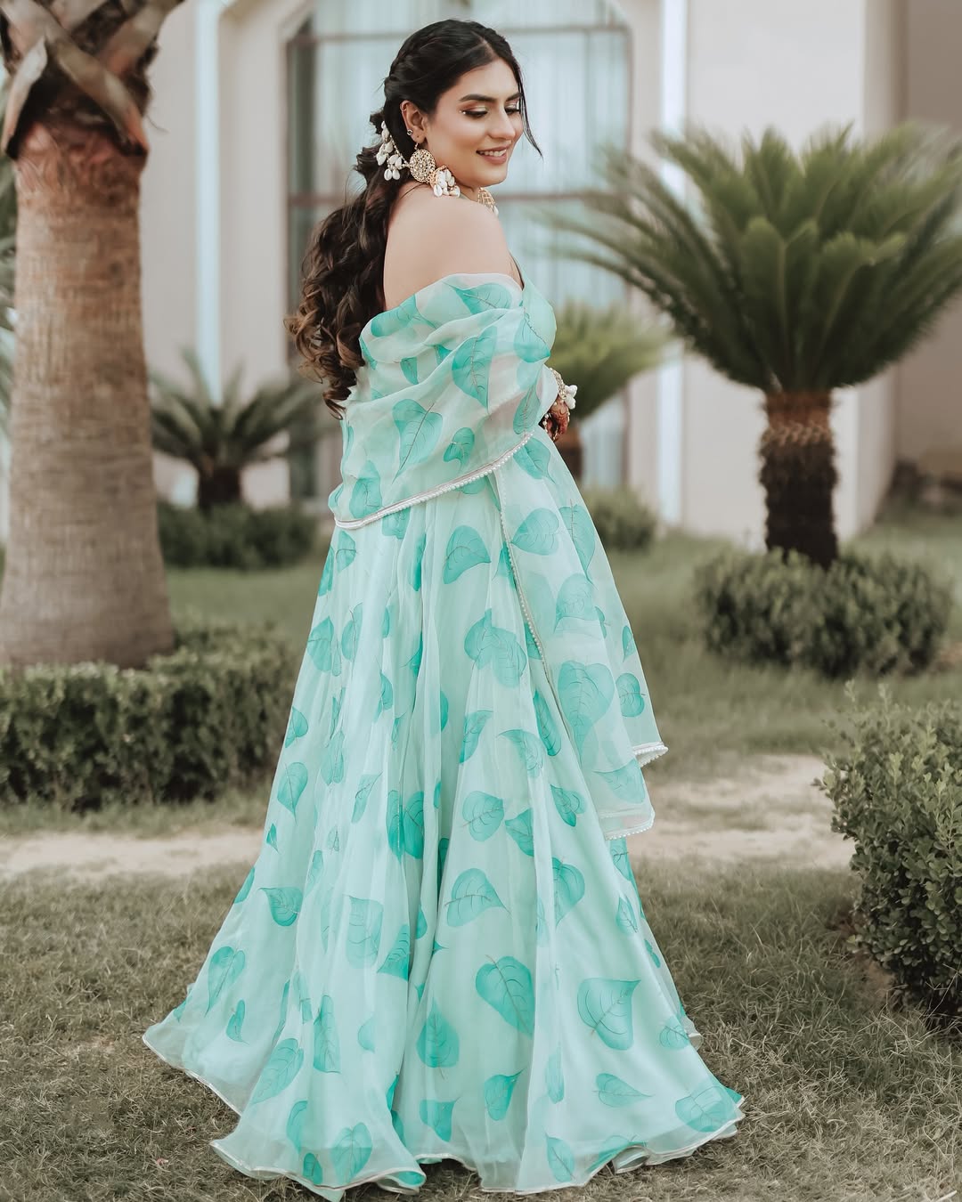 Handpainted Pastel Green Paati Silk Organza Lehenga