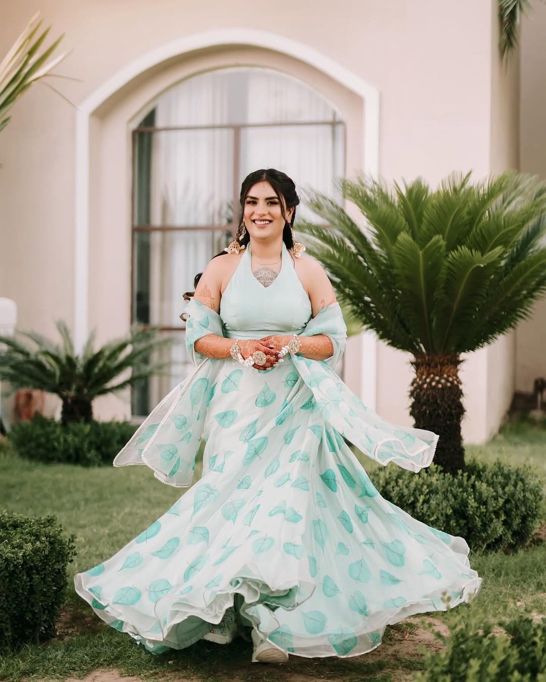 Handpainted Pastel Green Paati Silk Organza Lehenga