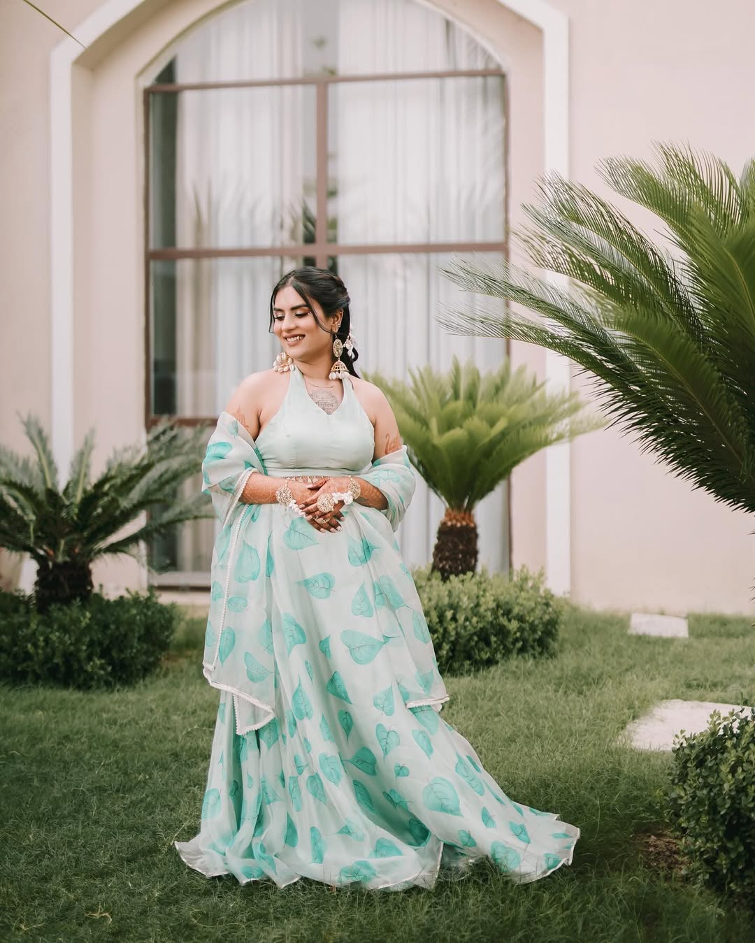Handpainted Pastel Green Paati Silk Organza Lehenga