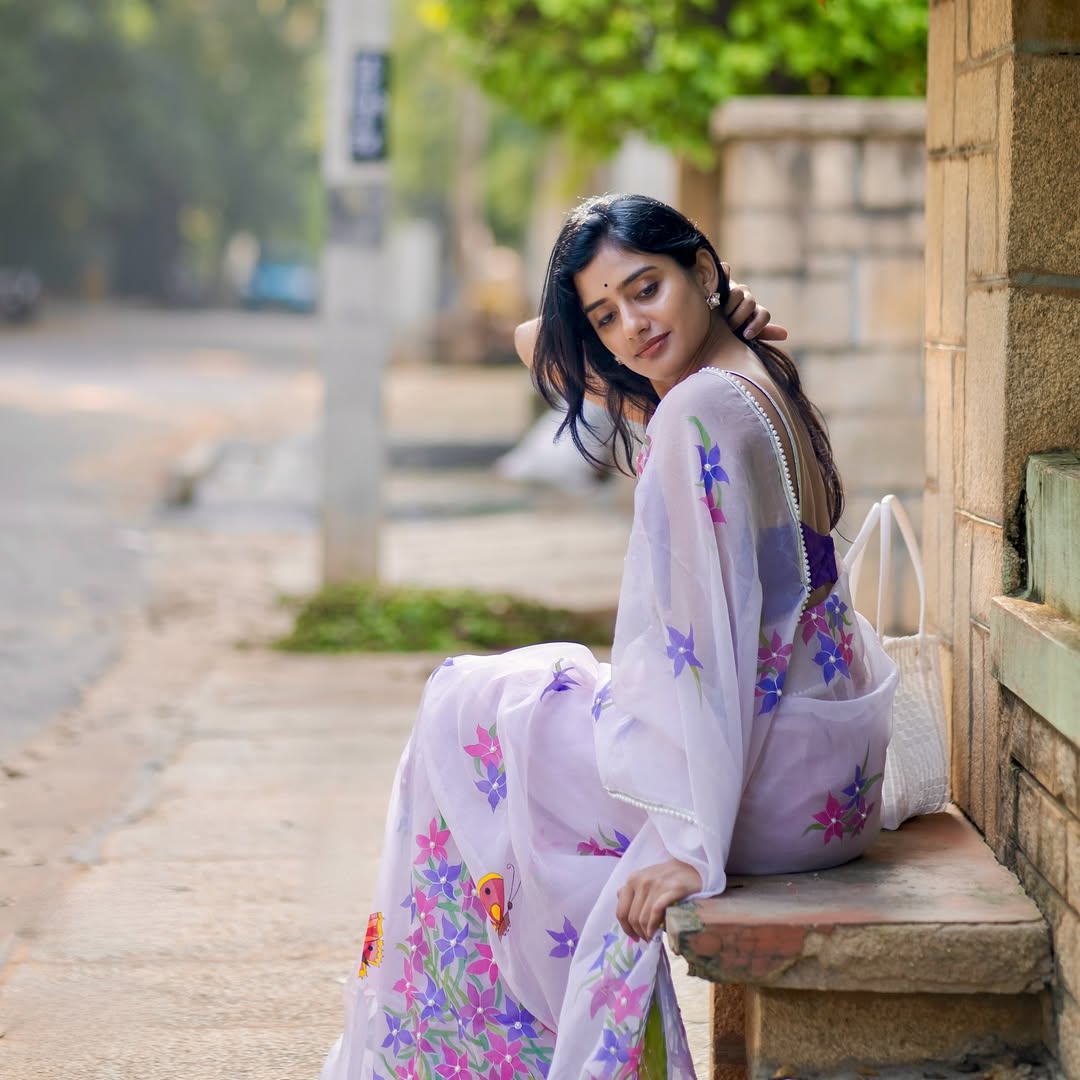 Hand-Painted Pastel Mauve Whimsical Butterfly Silk Organza Saree