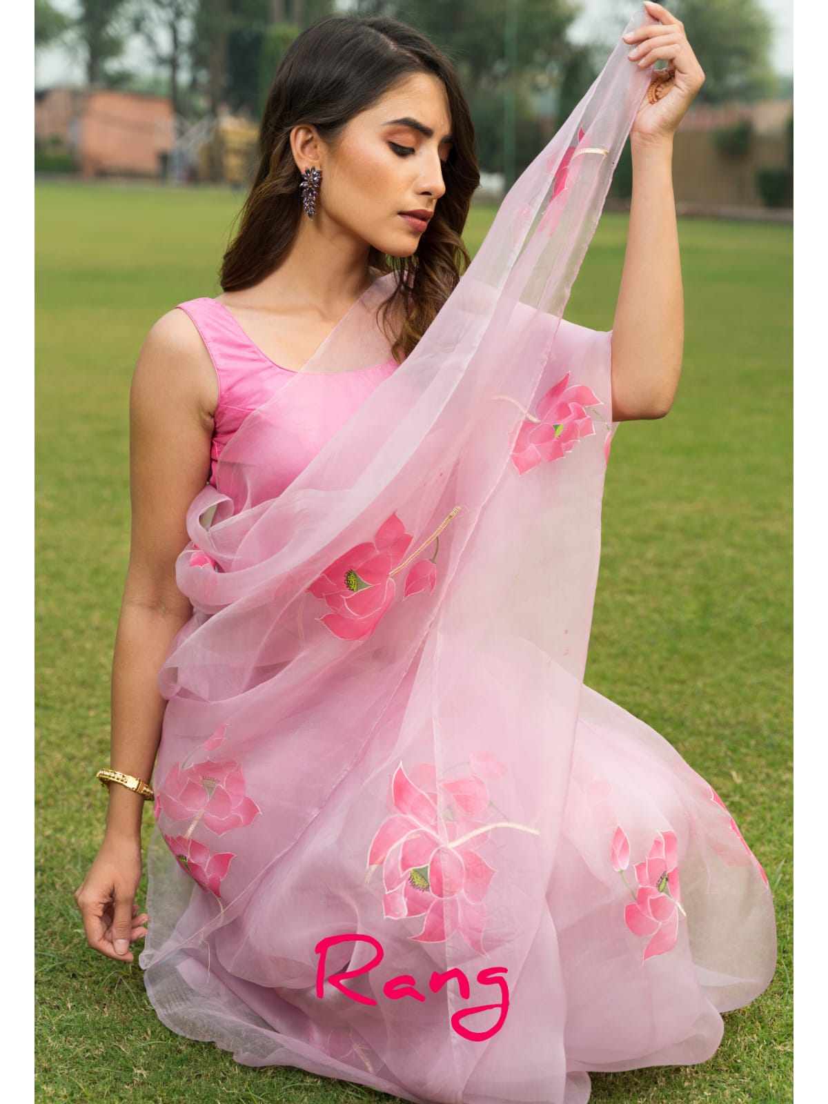 Hand-Painted Pink Lotus Silk Organza Saree