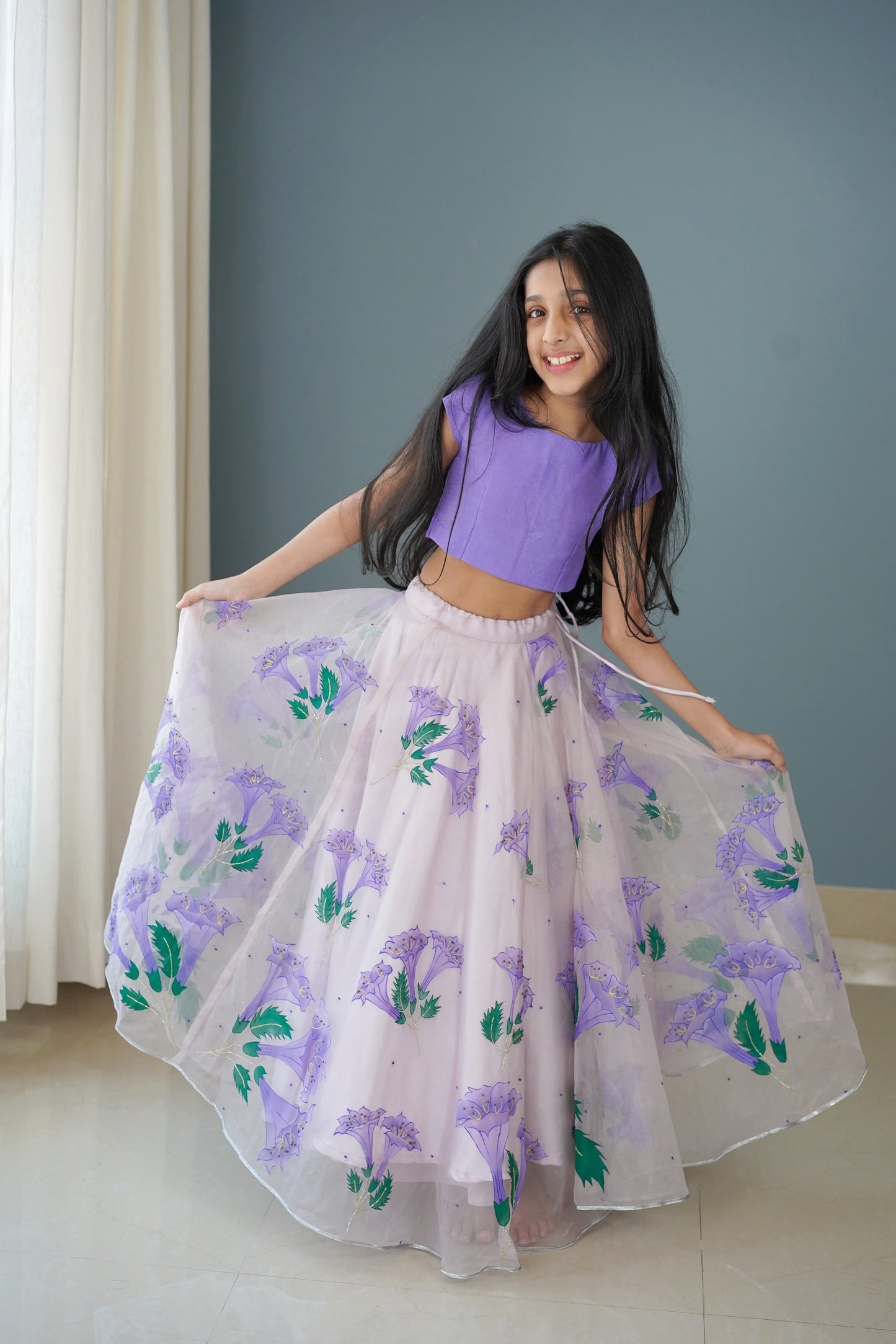 Nivi & Ishanvi's Lilac Bell Flower Twinning Lehengas Set