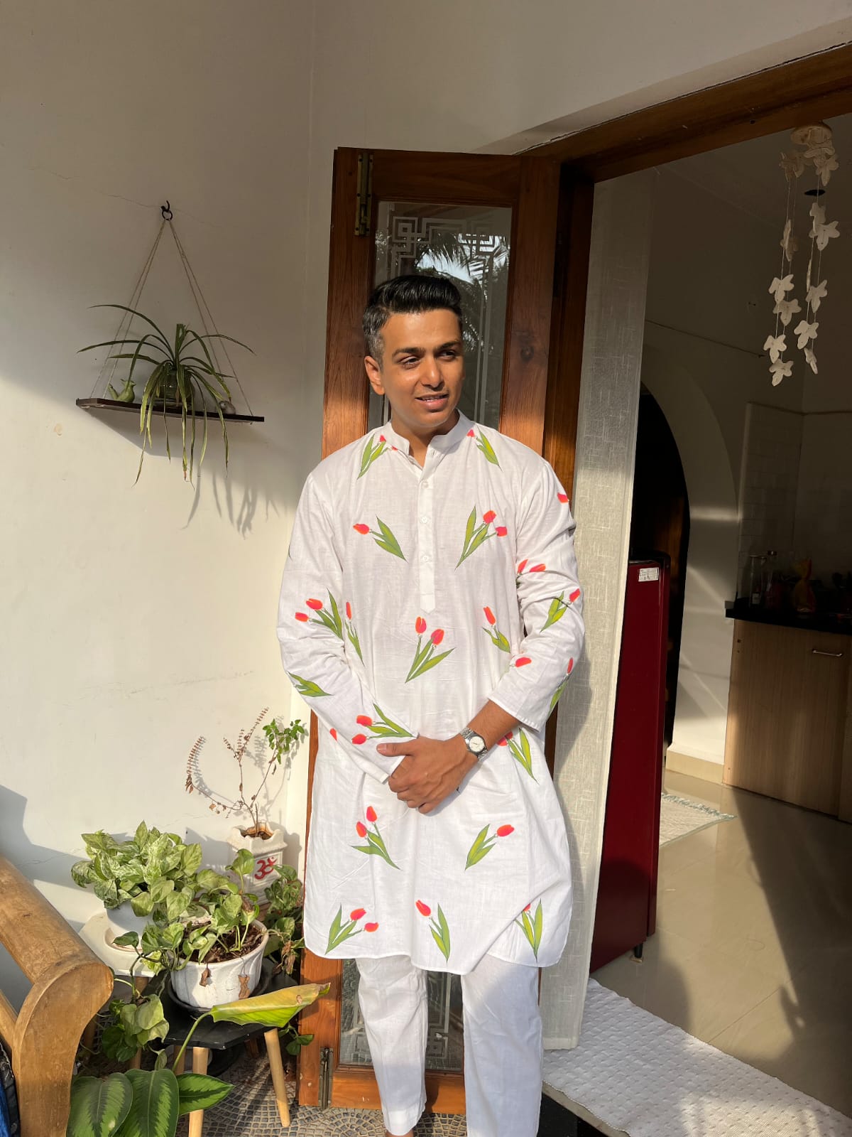 Hand-Painted Tulips Saree and Kurta