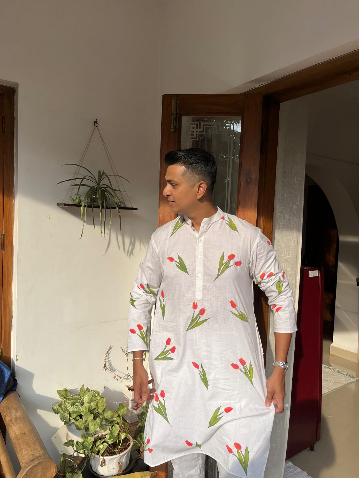 Hand-Painted Tulips Saree and Kurta