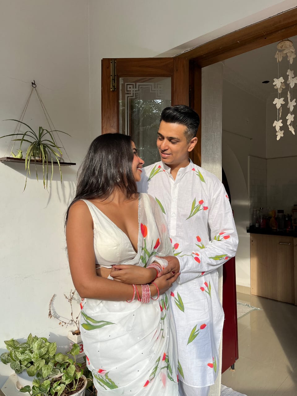 Hand-Painted Tulips Saree and Kurta