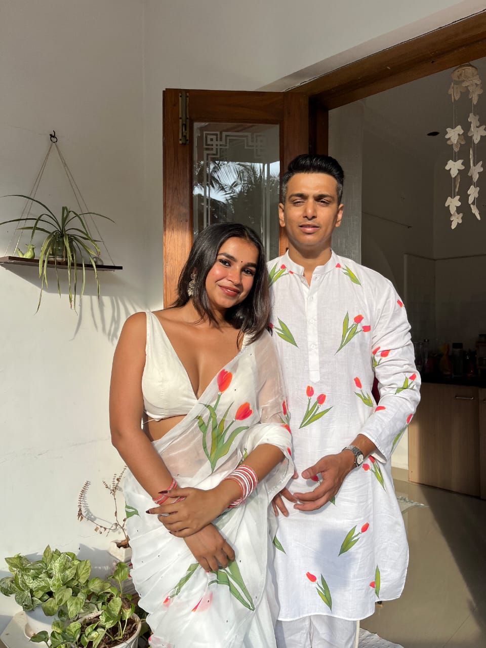 Hand-Painted Tulips Saree and Kurta