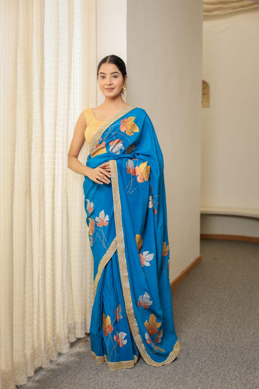 Hand-Painted Turquoise Pure Crepe Silk Saree