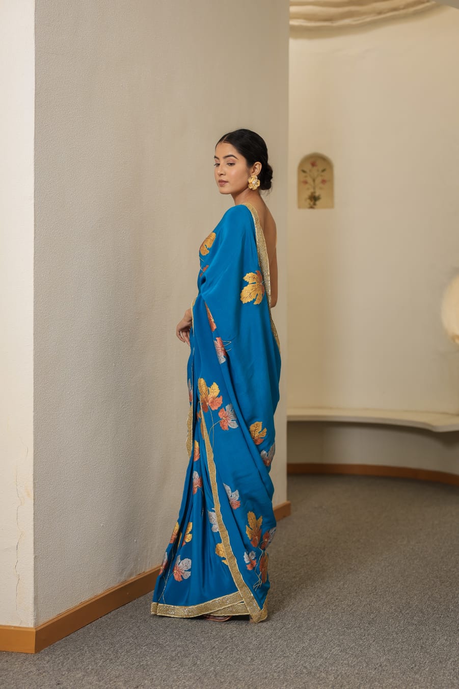 Hand-Painted Turquoise Pure Crepe Silk Saree