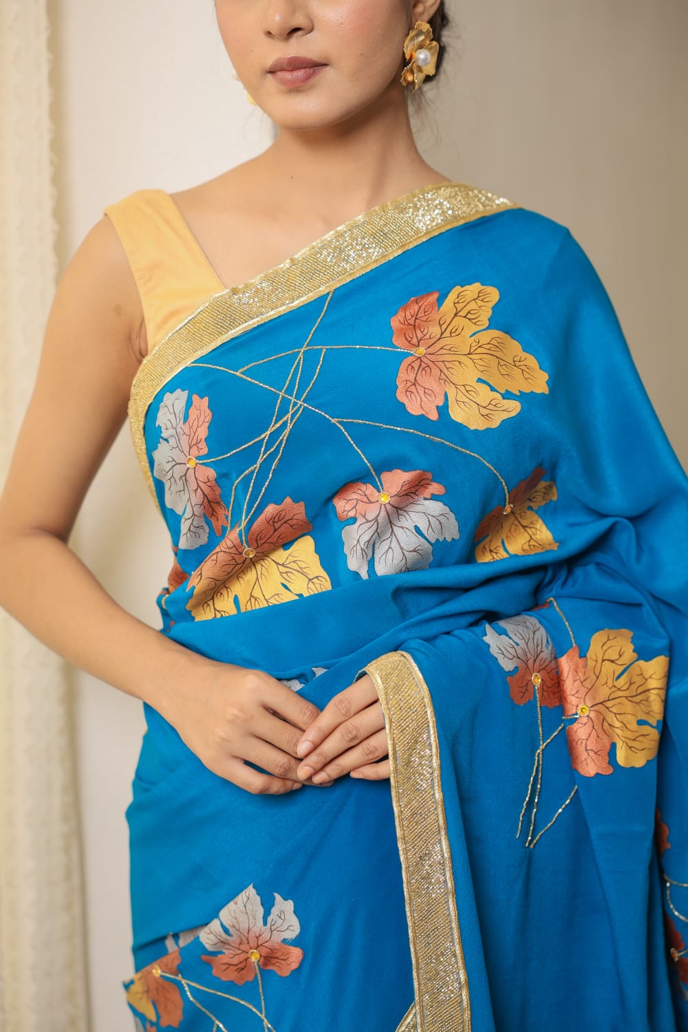 Hand-Painted Turquoise Pure Crepe Silk Saree