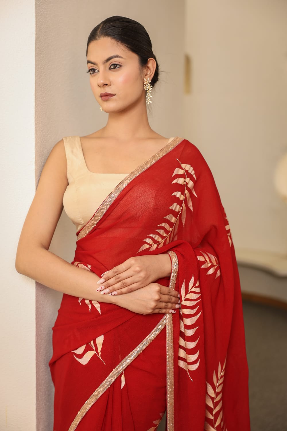 Hand-Painted Red Shimmer Chiffon Saree