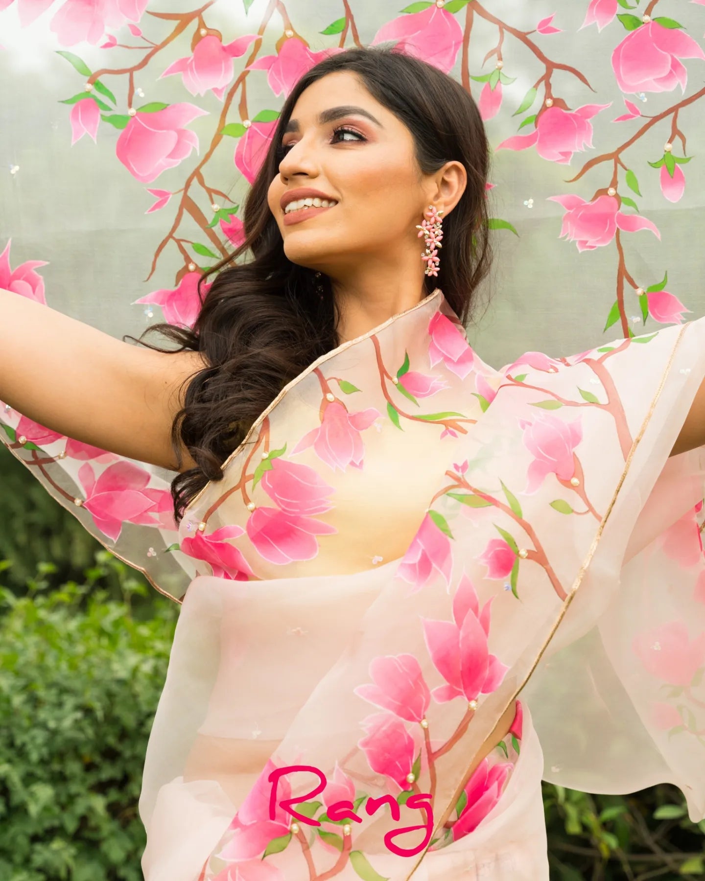 Hand-Painted Powder Pink Magnolia Silk Organza Saree
