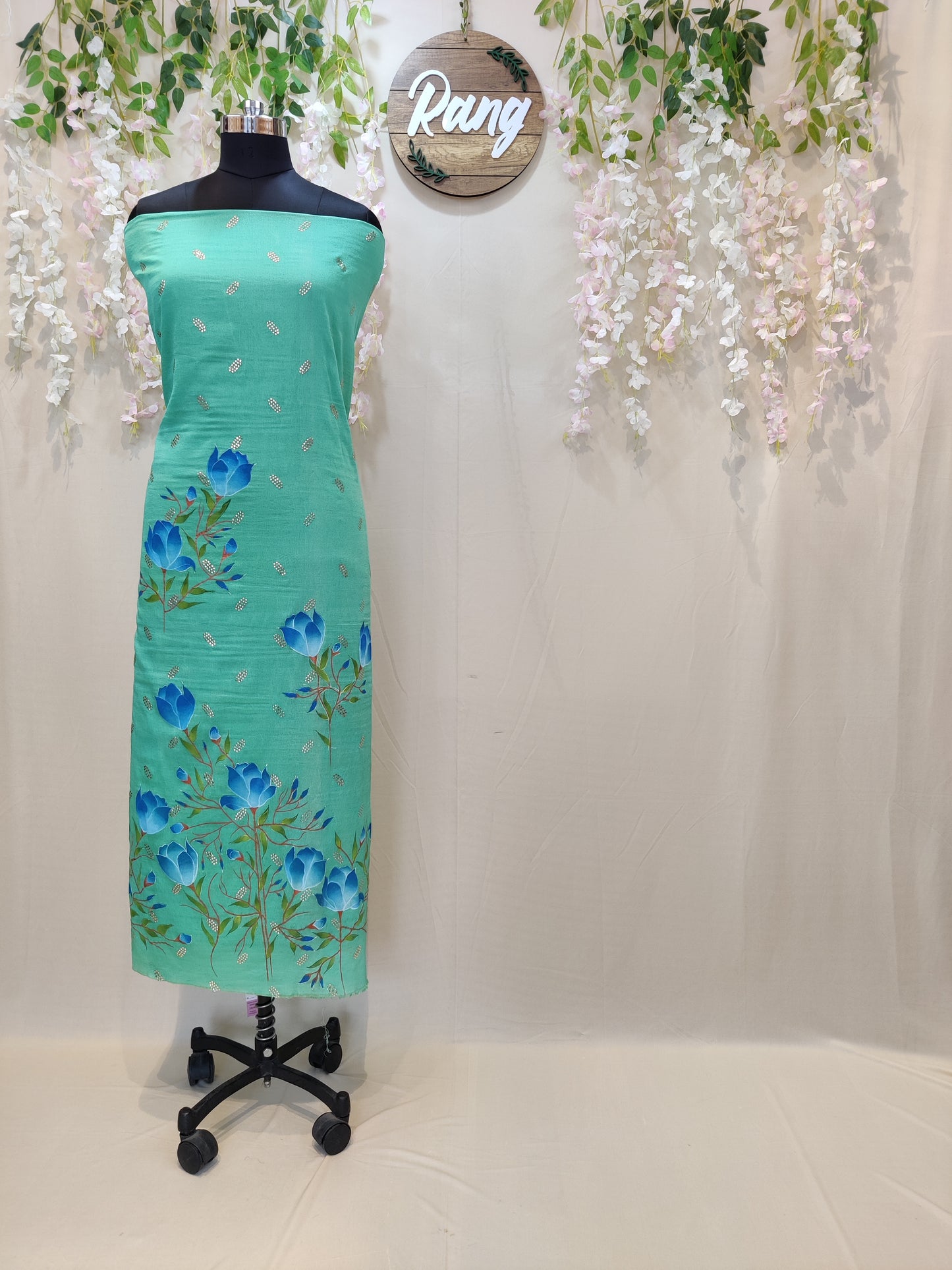 Green Chinon Chiffon Handpainted Suit