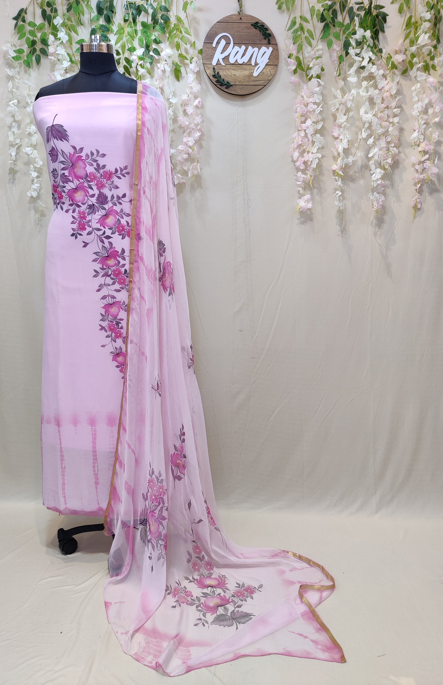 Pastel Pink Georgette Handpainted Suit