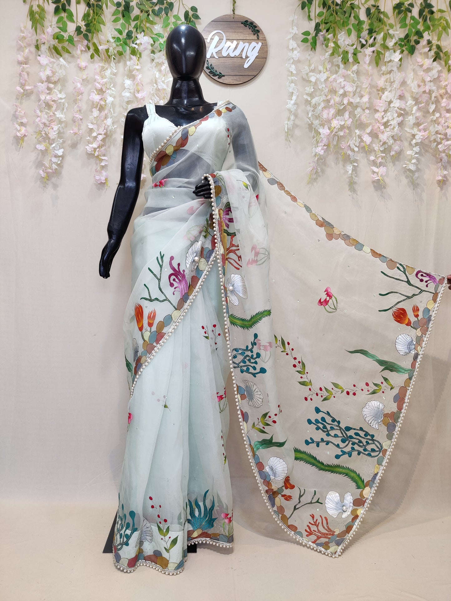Hand-Painted Sea Green Marine Silk Organza Saree