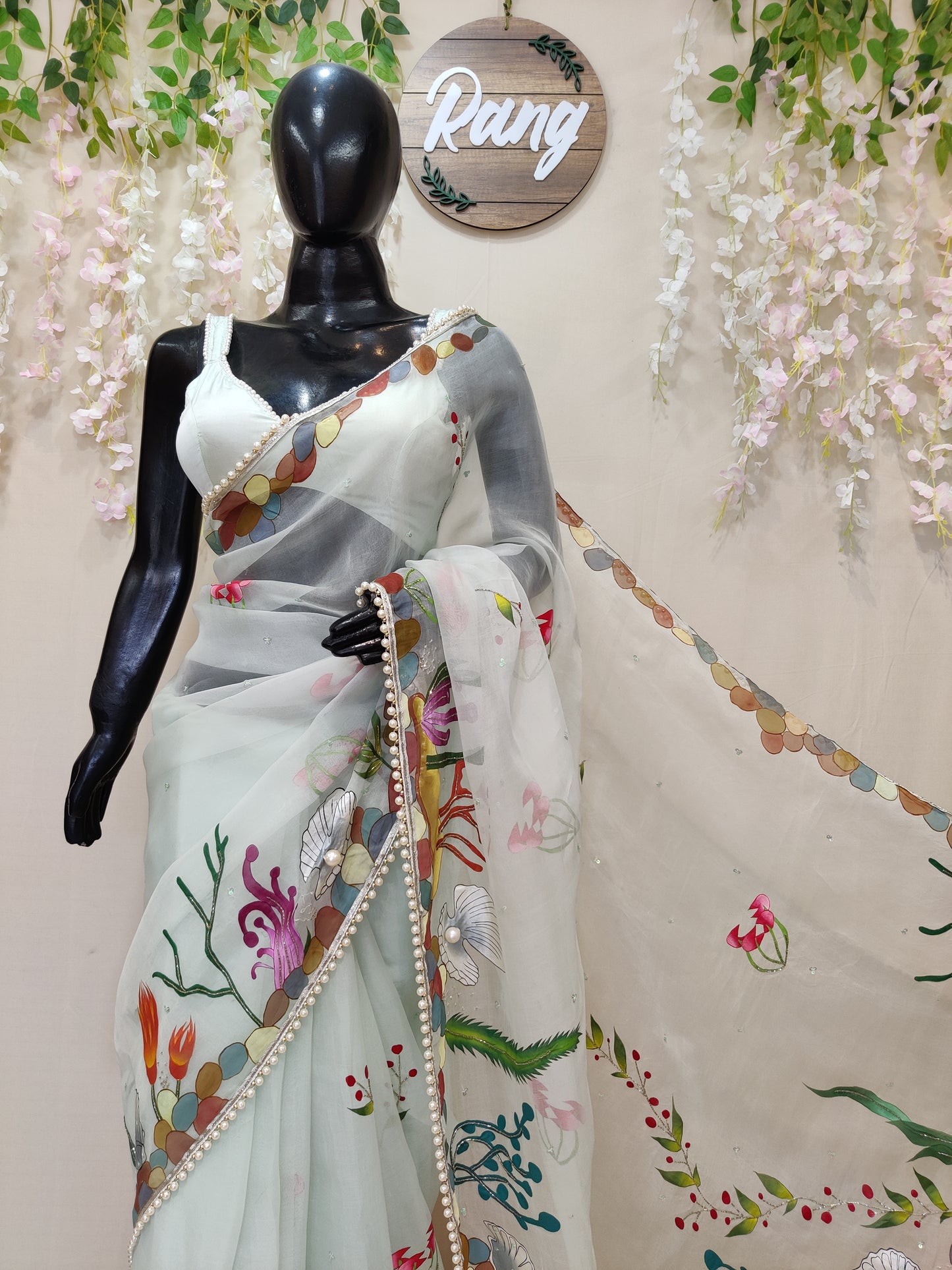Hand-Painted Sea Green Marine Silk Organza Saree