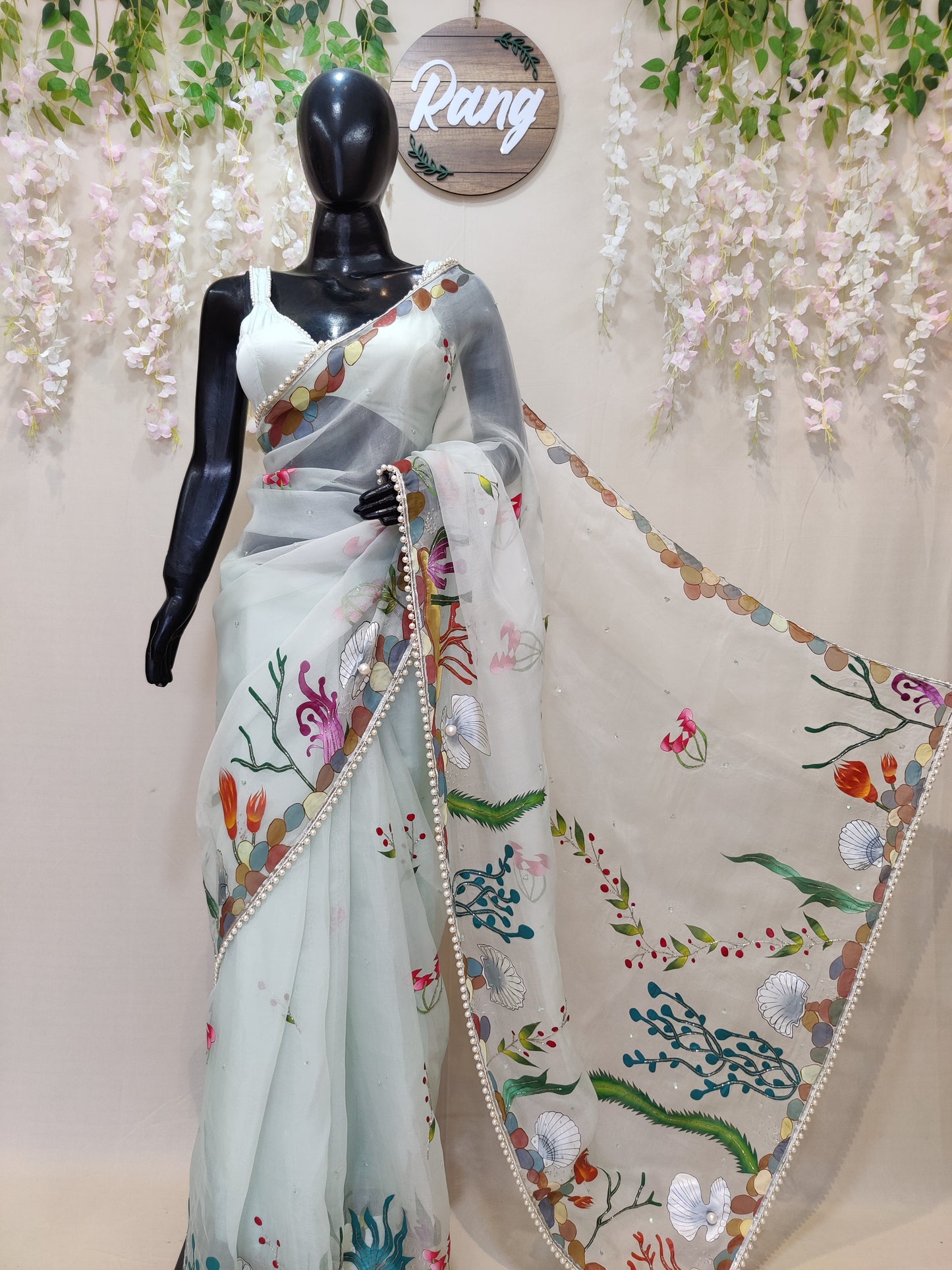 Hand-Painted Sea Green Marine Silk Organza Saree