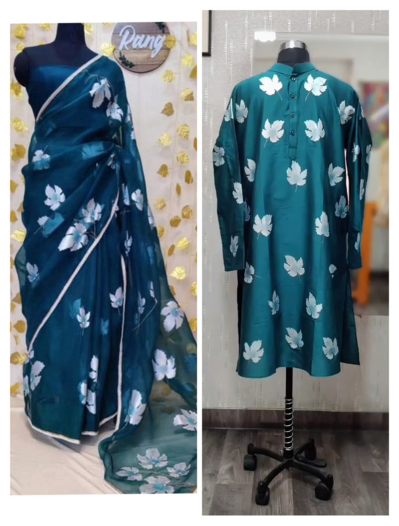 Matching Hand-Painted Silk Organza Saree and Kurta Set