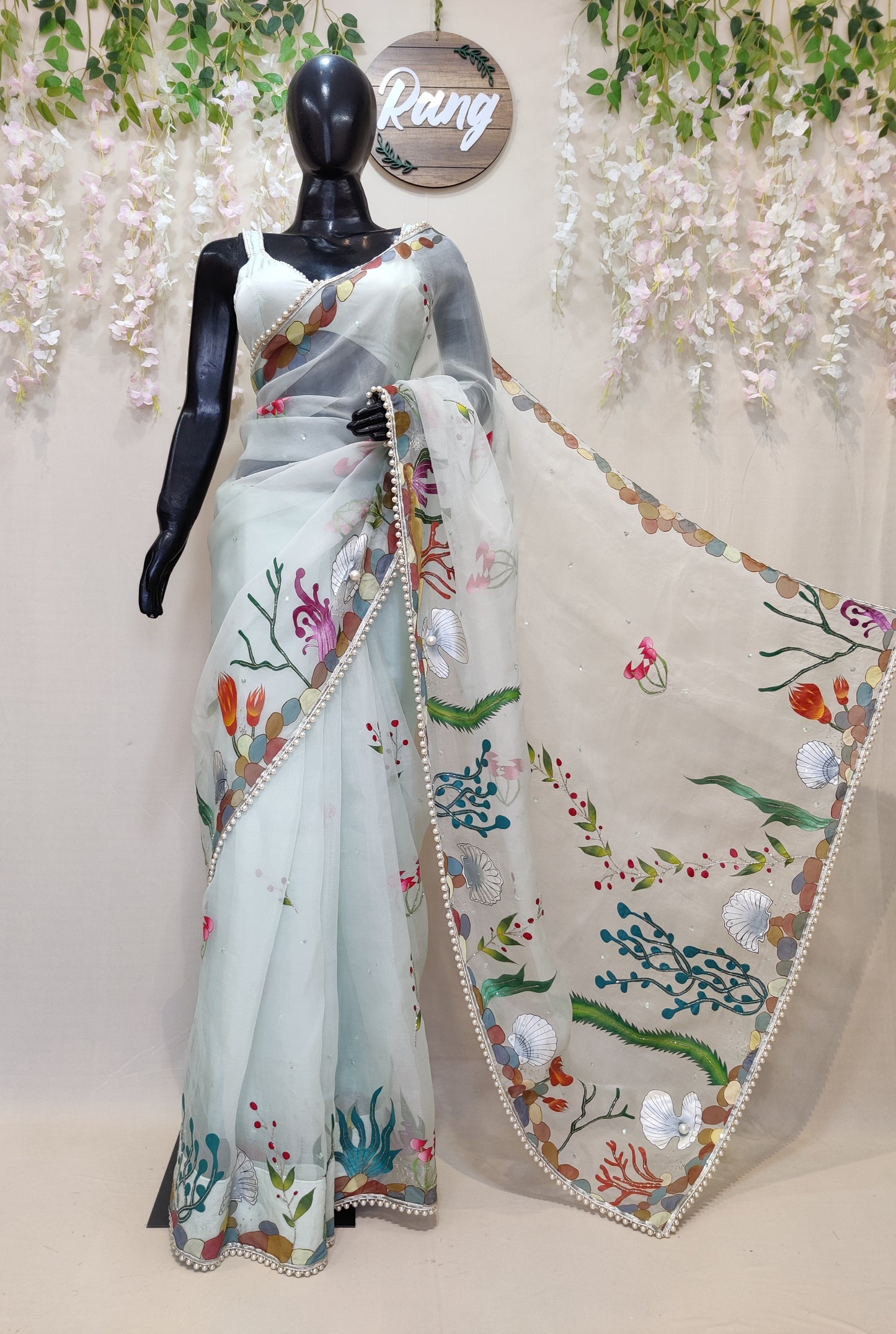 Hand-Painted Sea Green Marine Silk Organza Saree