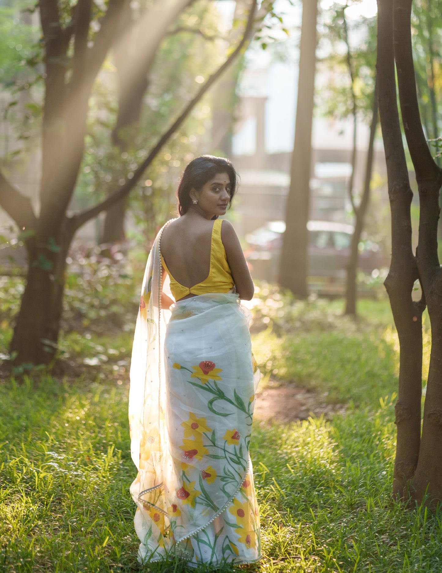 Hand-Painted Ivory Daffodil Silk Organza Saree