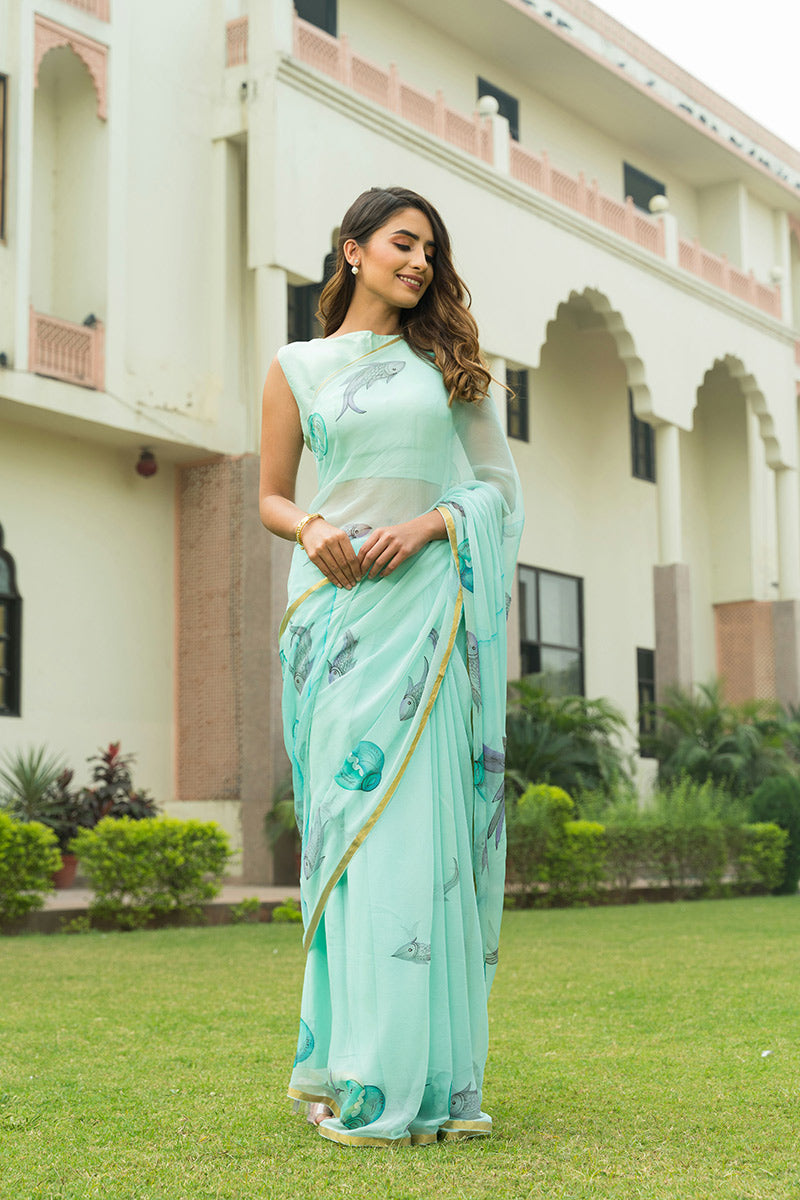 Hand-Painted Sea Green Marine Chiffon Saree