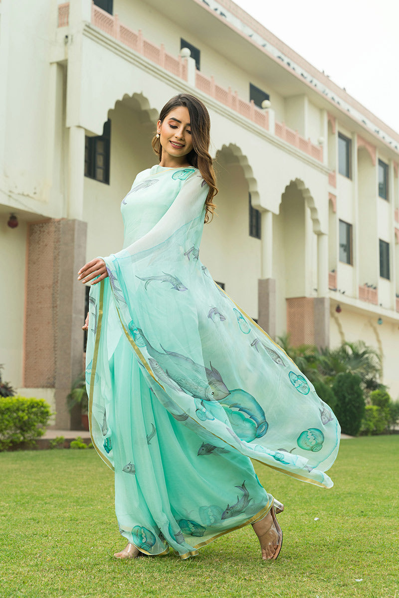 Hand-Painted Sea Green Marine Chiffon Saree