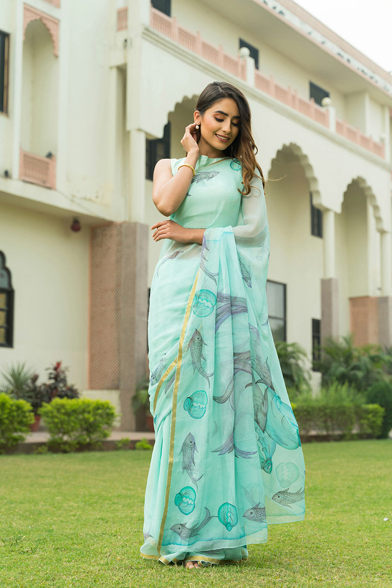 Hand-Painted Sea Green Marine Chiffon Saree
