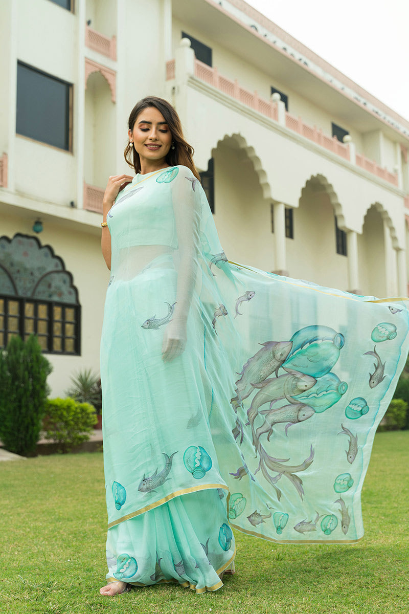 Hand-Painted Sea Green Marine Chiffon Saree