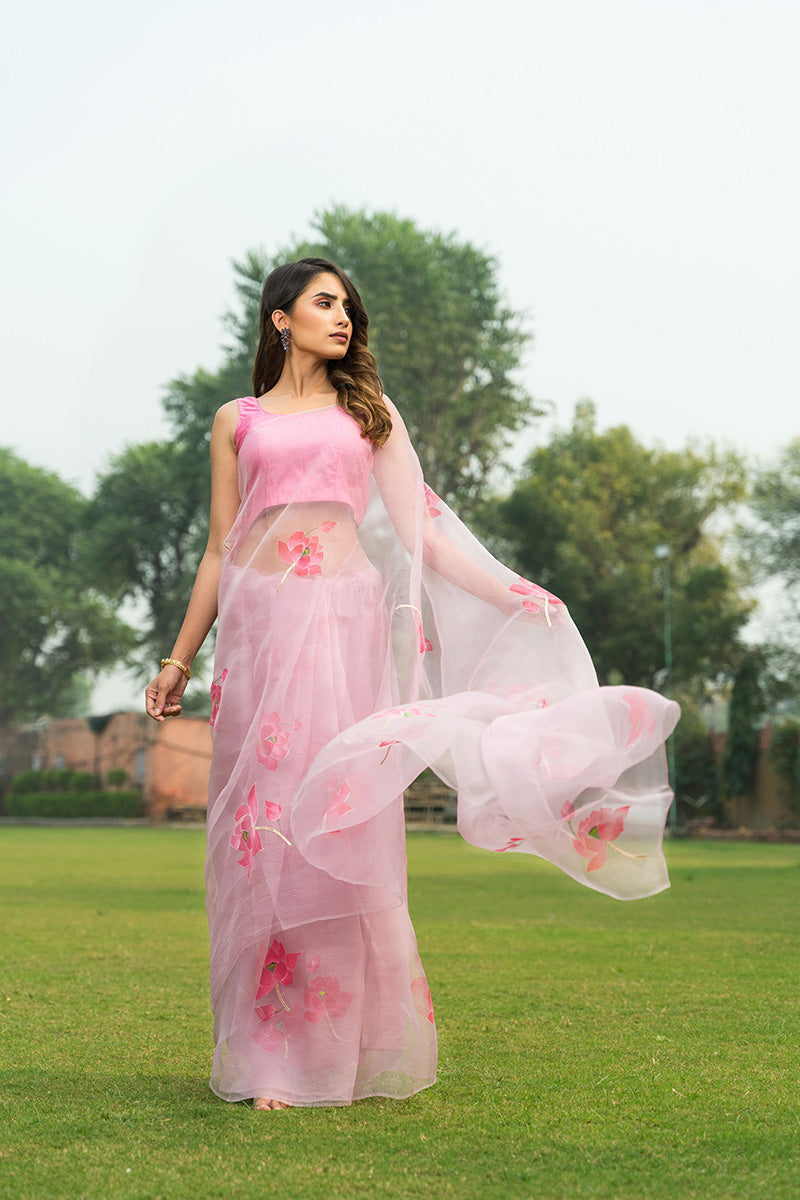 Hand-Painted Pink Lotus Silk Organza Saree
