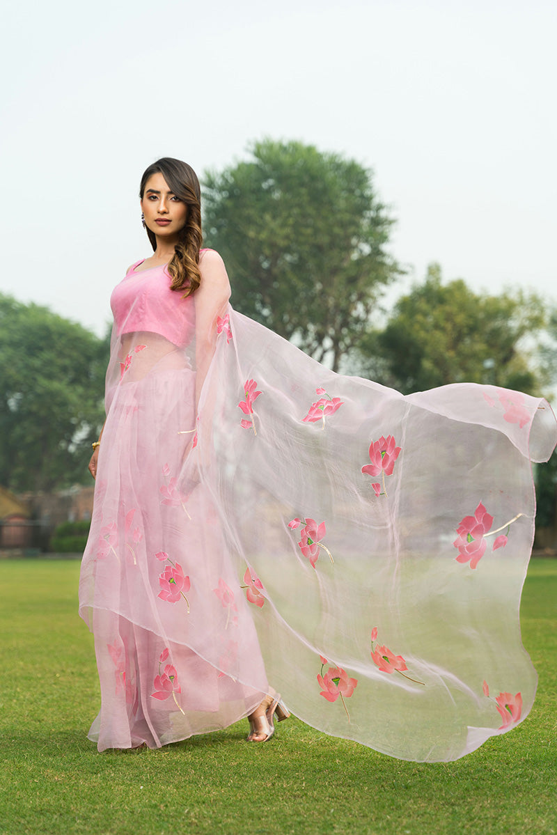 Hand-Painted Pink Lotus Silk Organza Saree