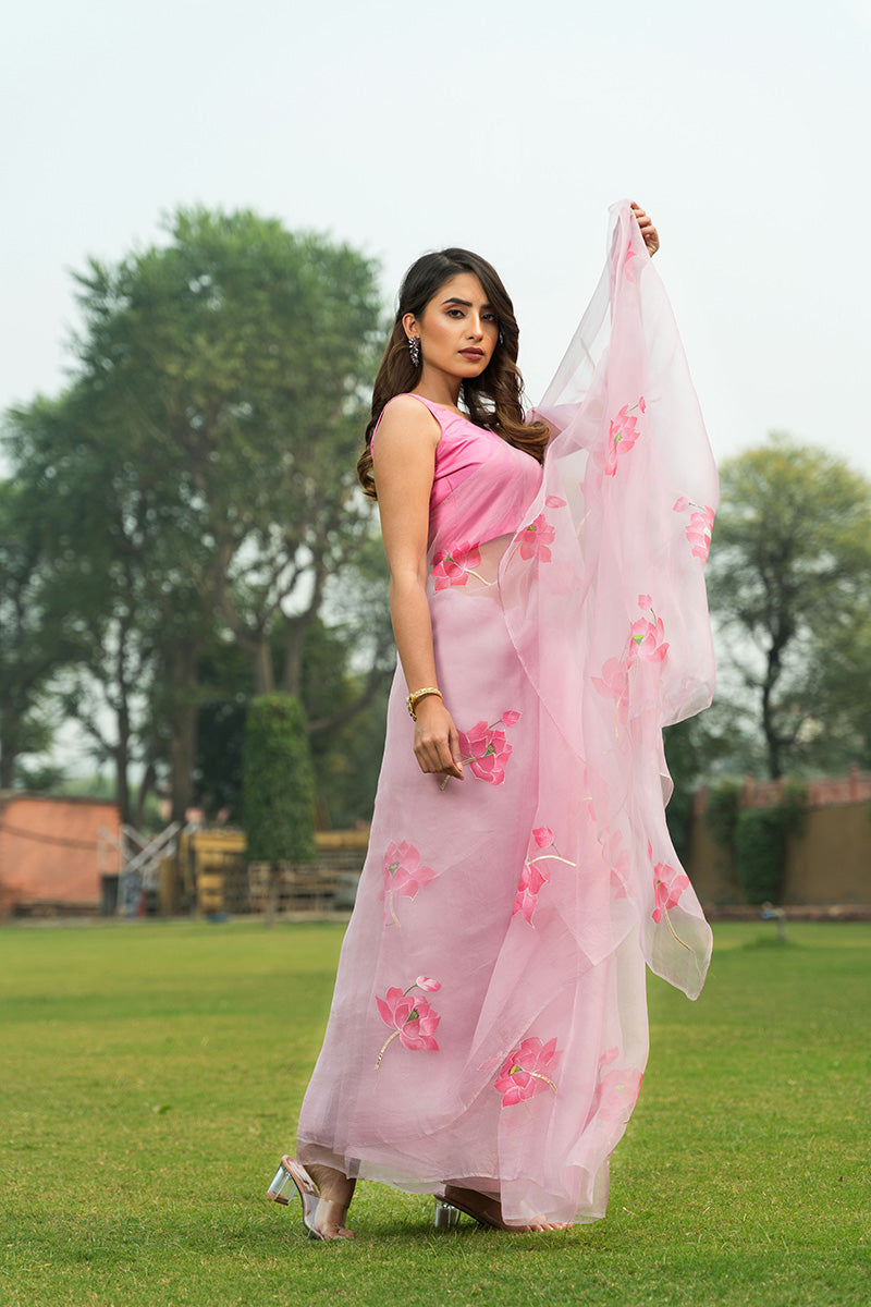 Hand-Painted Pink Lotus Silk Organza Saree